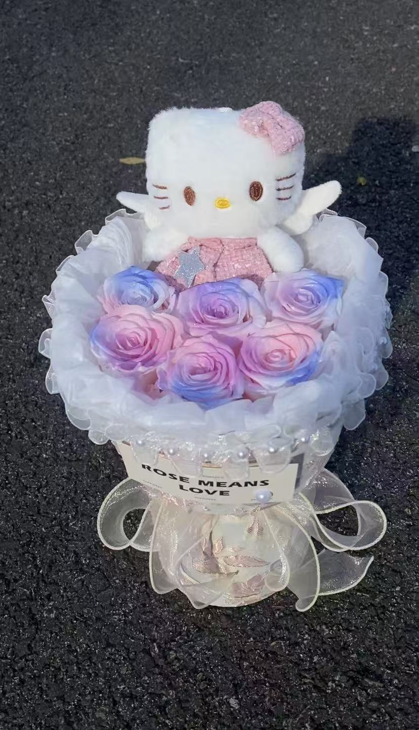 Elegant Pink Preserved Roses Bouquet with Hello Kitty Plush
