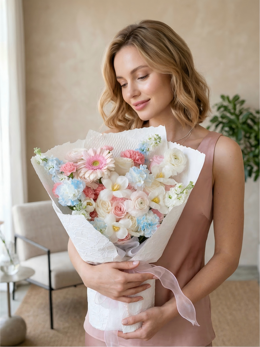 Pastel Dreams Bouquet - Fresh Pink Roses & Blue Carnations | Hand-Tied Flower Delivery