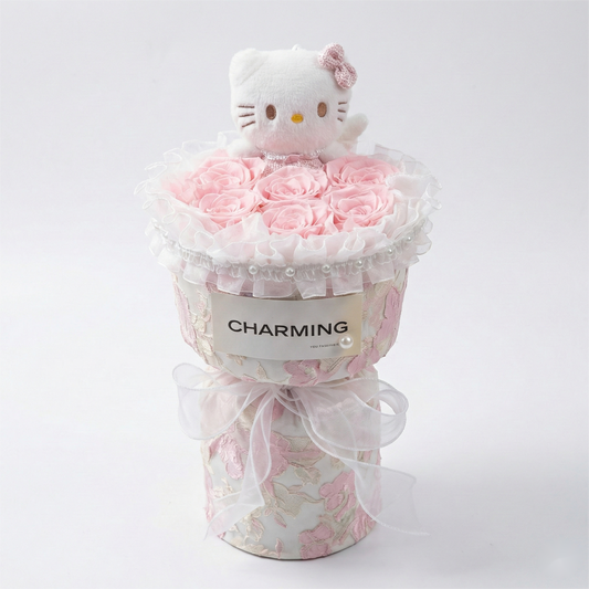 Elegant Pink Preserved Roses Bouquet with Hello Kitty Plush