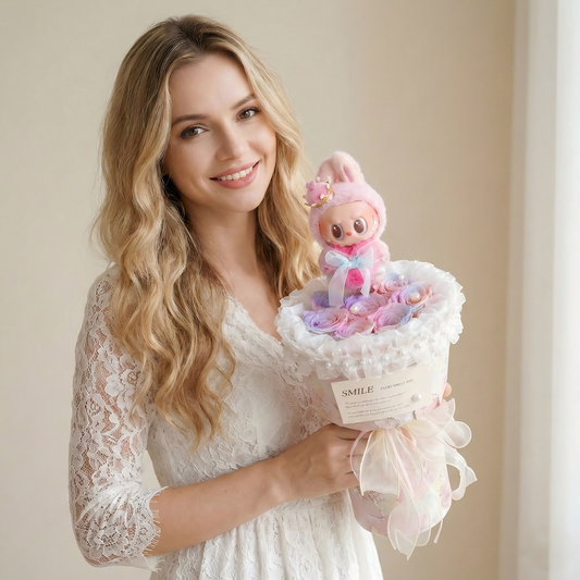 LABUBU Preserved Flower Bouquet - Eternal Rainbow Roses Gift for Her, Anniversary & Birthday