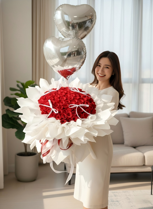 Red Preserved Rose Bouquet with Silver Heart Balloons - Romantic Anniversary & Valentine's Day Gift