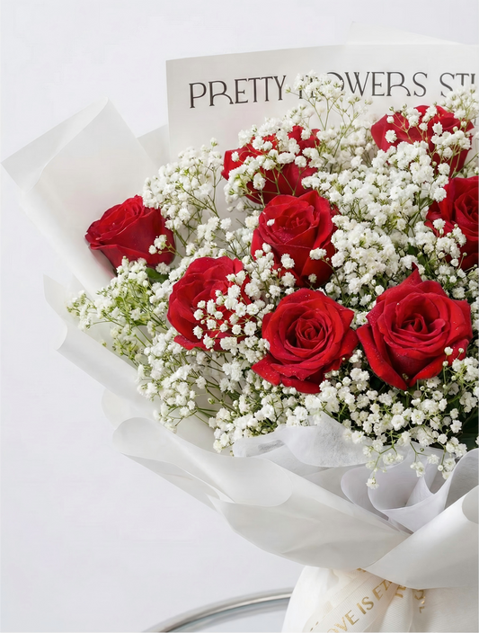 Fresh Red Rose and Baby’s Breath Bouquet – Designed by a Local Florist