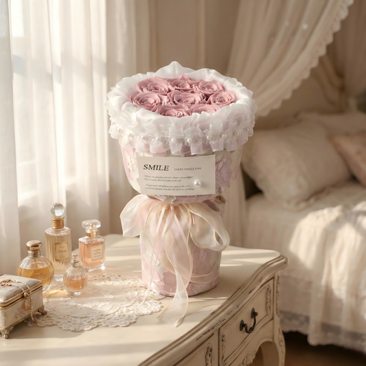 Vintage Pink Preserved Rose Bouquet | Elegant French Lace & Pearl Detailing