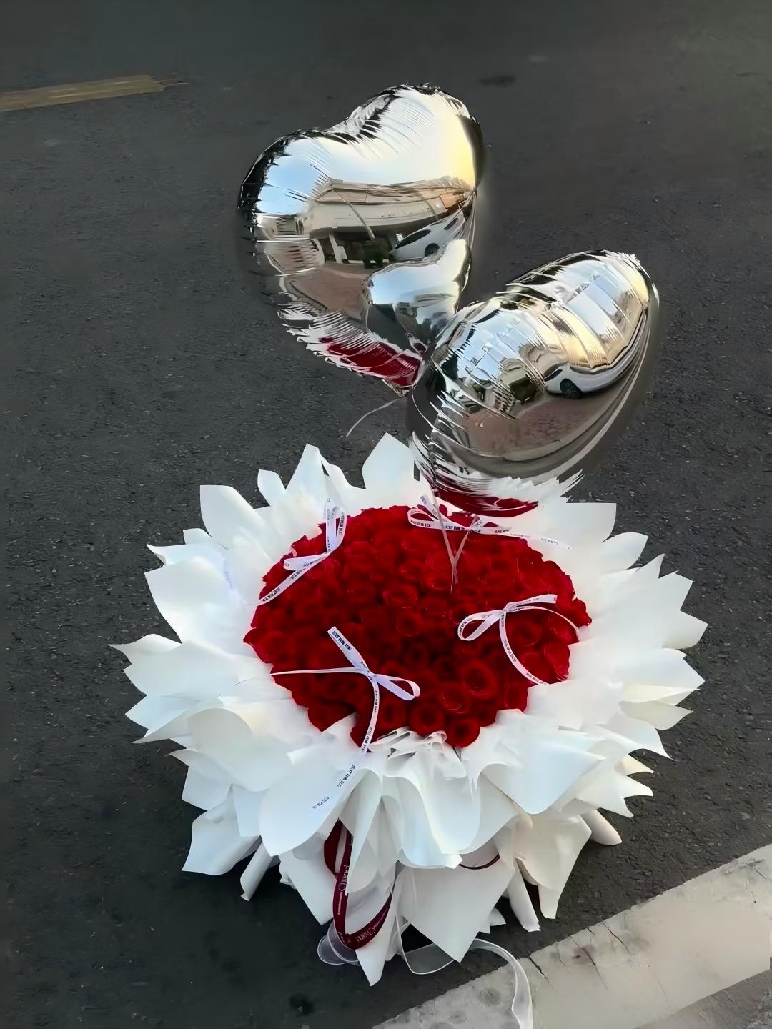 Red Preserved Rose Bouquet with Silver Heart Balloons - Romantic Anniversary & Valentine's Day Gift