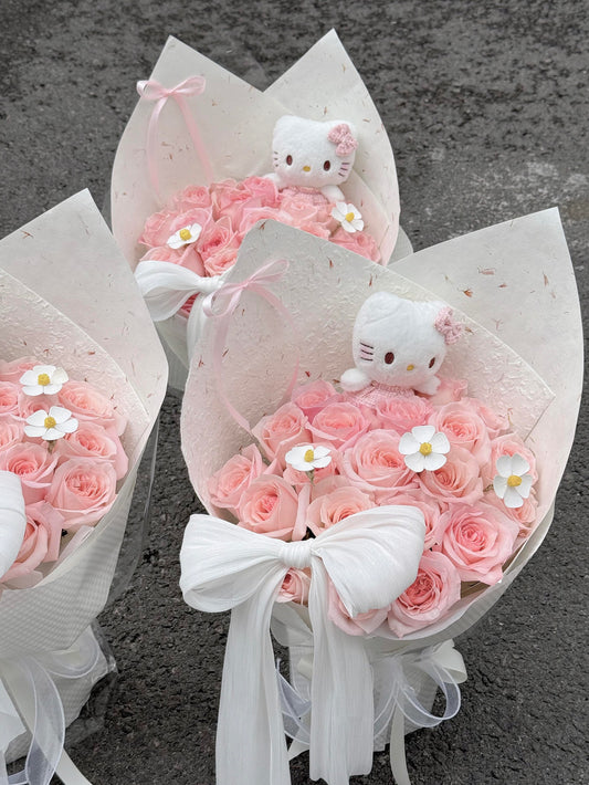 Hello Kitty Pink Rose Bouquet - Handmade & Fresh Flowers Gift for Her