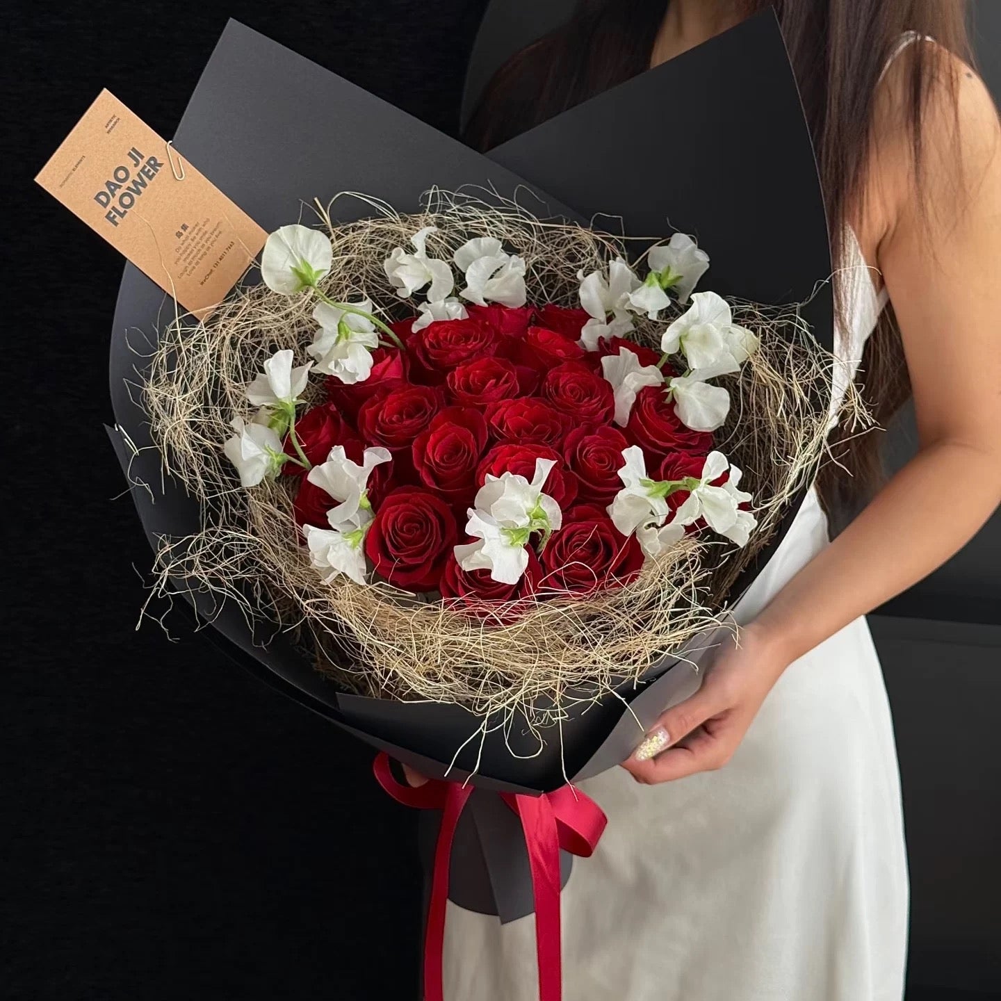 Classic Red Rose & White Sweet Pea Bouquet - Luxury Hand-Tied Flowers for Anniversary & Romance
