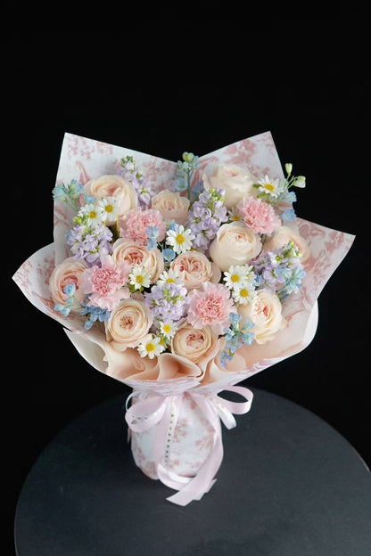 Champagne Rose & Pink Carnation Bouquet - Romantic French Country Style - Local Delivery