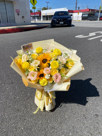 Yellow Sunflower & Rose Bouquet - Fresh Mixed Floral Arrangement for Birthdays & Get Well