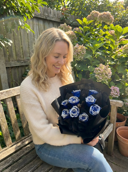 Luxury Shimmering Blue Preserved Flower Bouquet - Handcrafted Real Roses that Last Years