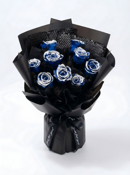 Luxury Shimmering Blue Preserved Flower Bouquet - Handcrafted Real Roses that Last Years