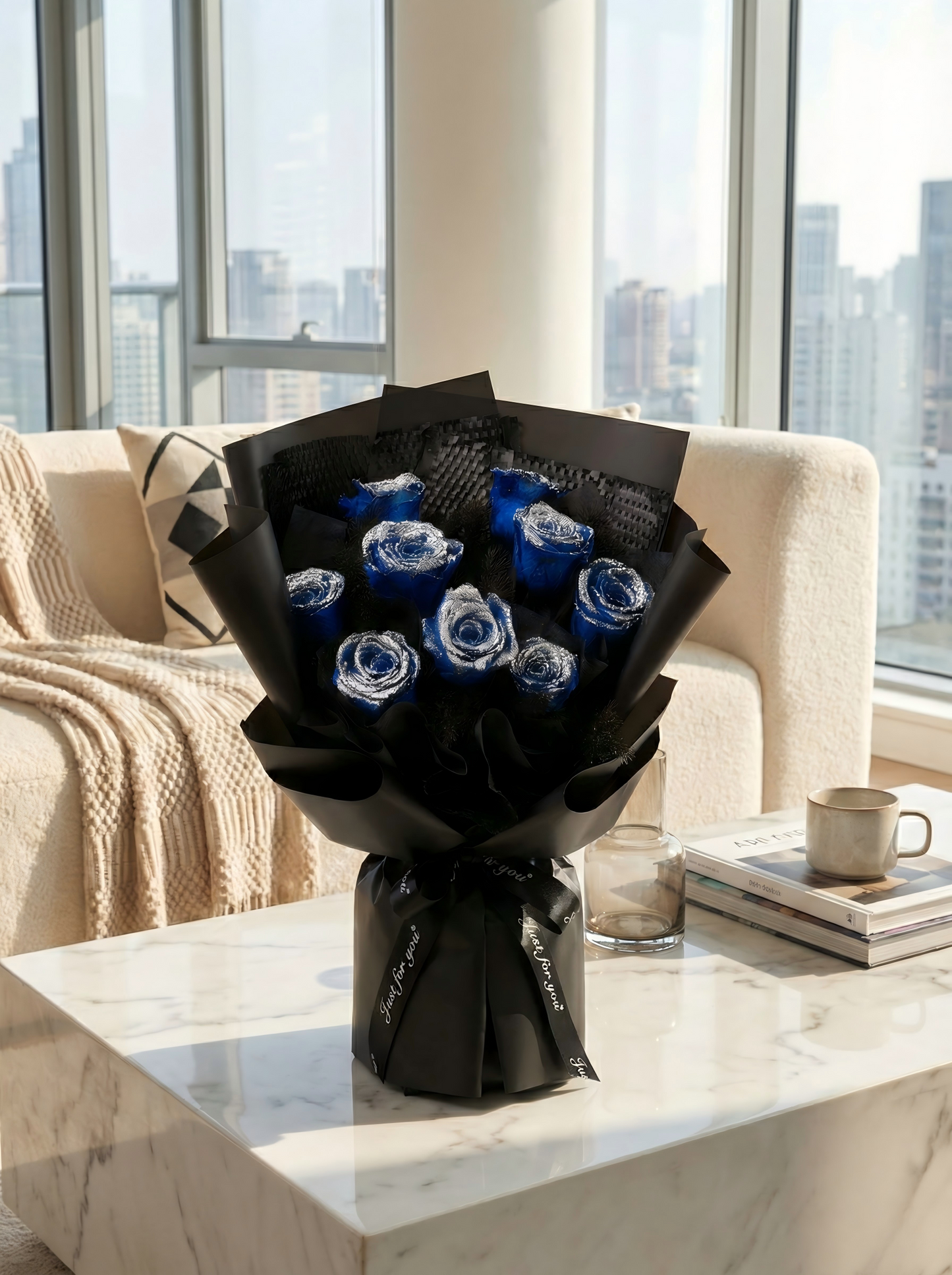 Luxury Shimmering Blue Preserved Flower Bouquet - Handcrafted Real Roses that Last Years