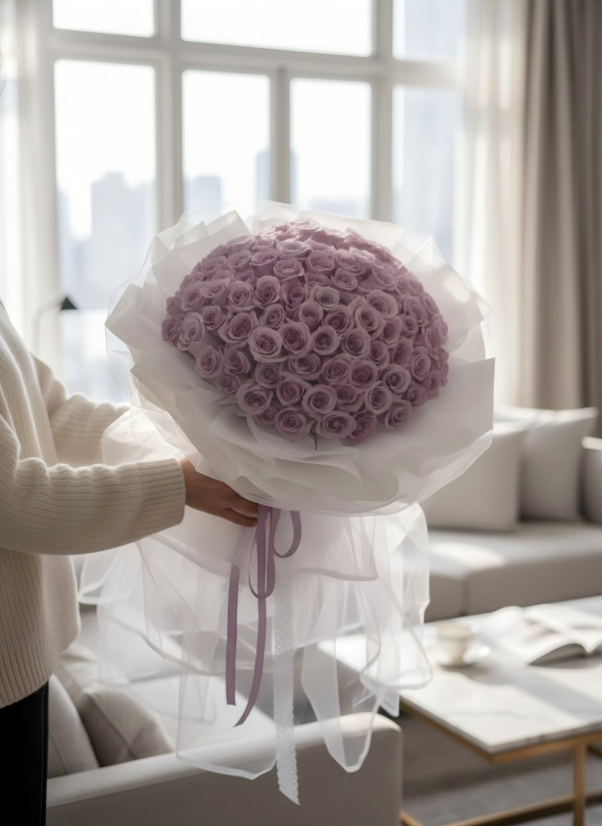 Dreamy Mauve Roses in White Tulle Wrapping - Fresh Flower Proposal Bouquet