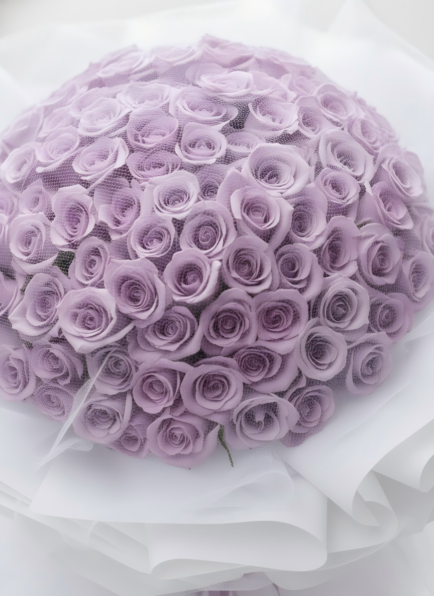 Dreamy Mauve Roses in White Tulle Wrapping - Fresh Flower Proposal Bouquet