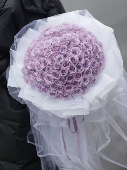 Dreamy Mauve Roses in White Tulle Wrapping - Fresh Flower Proposal Bouquet