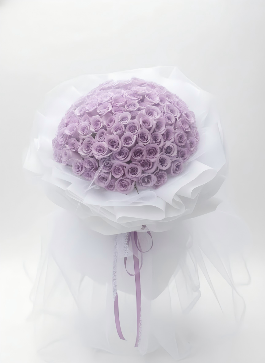 Dreamy Mauve Roses in White Tulle Wrapping - Fresh Flower Proposal Bouquet