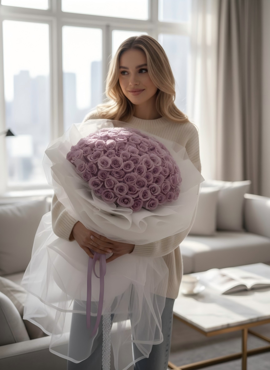 Dreamy Mauve Roses in White Tulle Wrapping - Fresh Flower Proposal Bouquet