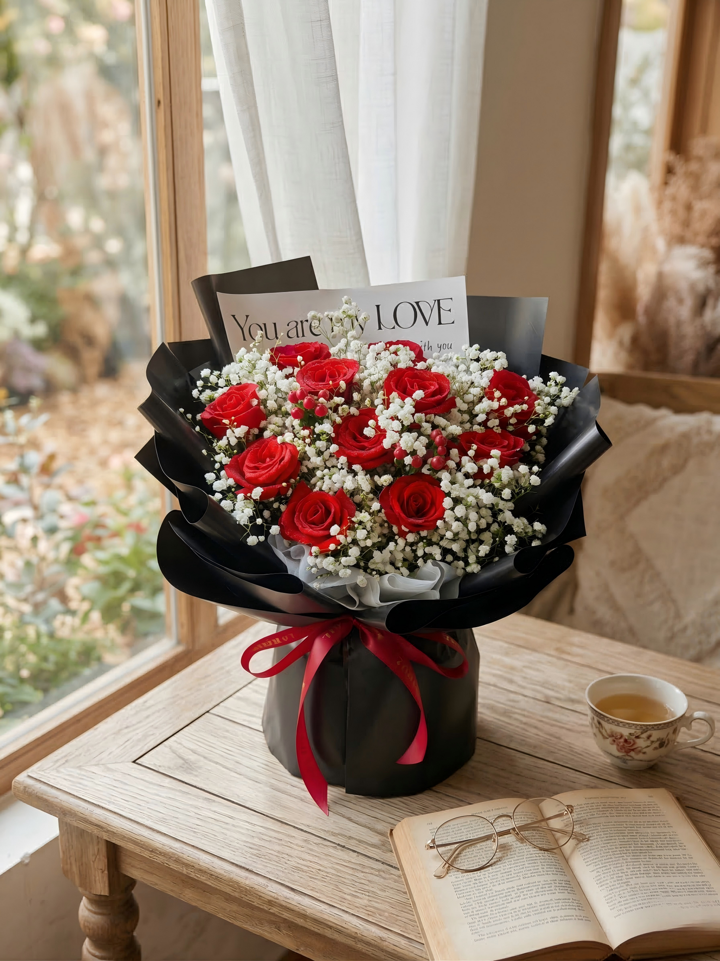 Elegant Red Rose & Baby's Breath Bouquet - Premium Black Wrap - Local Delivery