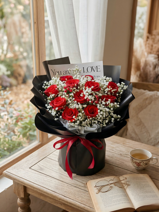 Elegant Red Rose & Baby's Breath Bouquet - Premium Black Wrap - Local Delivery