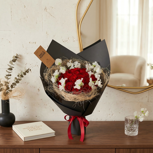 Classic Red Rose & White Sweet Pea Bouquet - Luxury Hand-Tied Flowers for Anniversary & Romance
