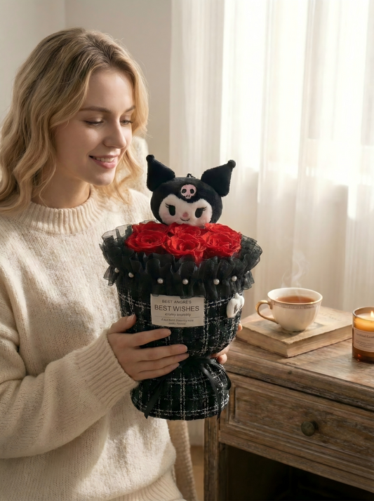 Sanrio Kuromi Plush Doll & Preserved Red Rose Bouquet - Unique 2-in-1 Gift Box