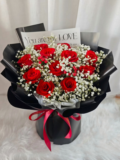 Elegant Red Rose & Baby's Breath Bouquet - Premium Black Wrap - Local Delivery