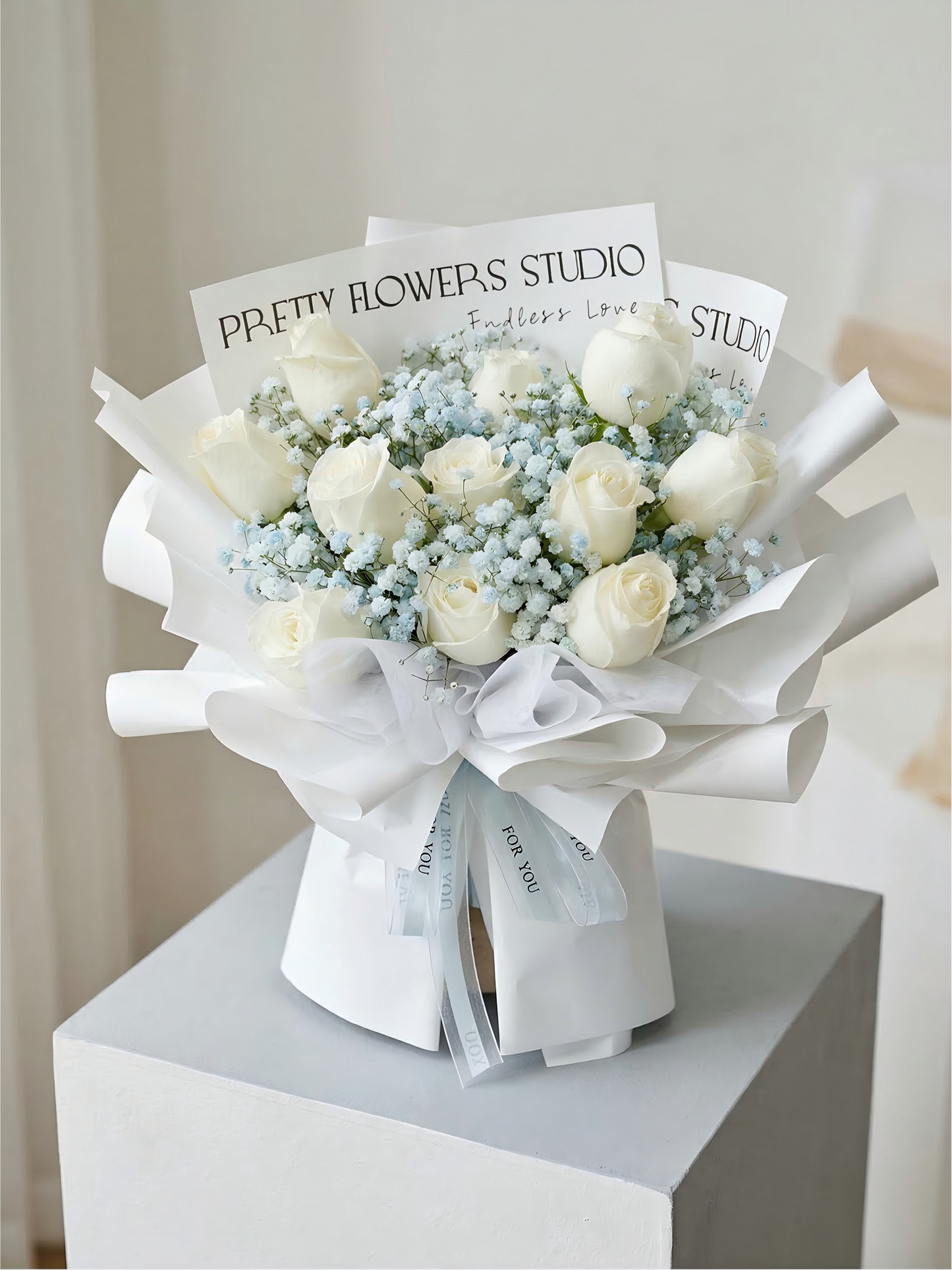 Elegant White Rose & Blue Baby's Breath Bouquet for Anniversary & Wedding