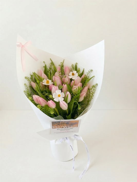 Sweet Pink Tulips Bouquet with White Daisies | Fresh Cut Flowers