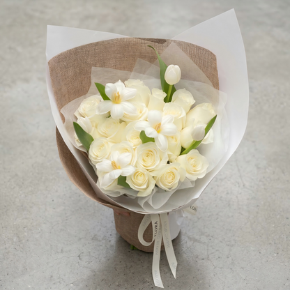Premium Roses & Spring Tulips Bouquet for Anniversary - Hand-Tied Flowers