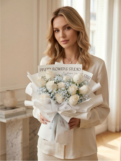 Elegant White Rose & Blue Baby's Breath Bouquet for Anniversary & Wedding