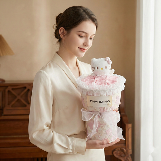 Elegant Pink Preserved Roses Bouquet with Hello Kitty Plush