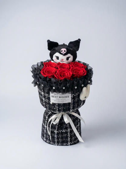 Sanrio Kuromi Plush Doll & Preserved Red Rose Bouquet - Unique 2-in-1 Gift Box