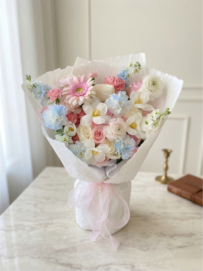 Pastel Dreams Bouquet - Fresh Pink Roses & Blue Carnations | Hand-Tied Flower Delivery