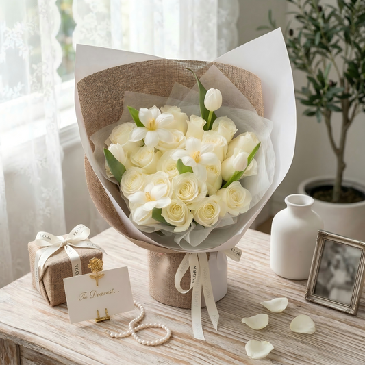 Premium Roses & Spring Tulips Bouquet for Anniversary - Hand-Tied Flowers