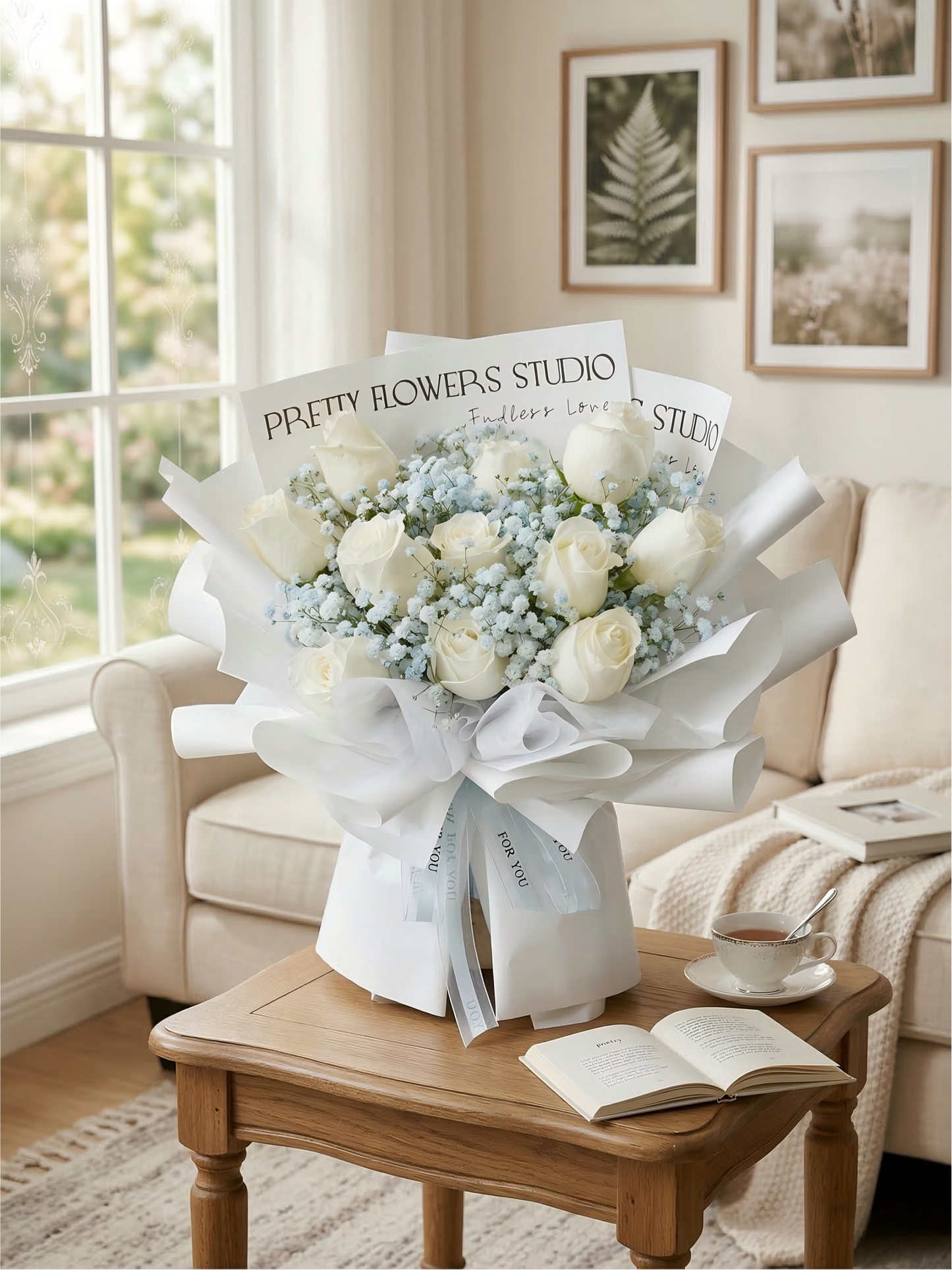 Elegant White Rose & Blue Baby's Breath Bouquet for Anniversary & Wedding