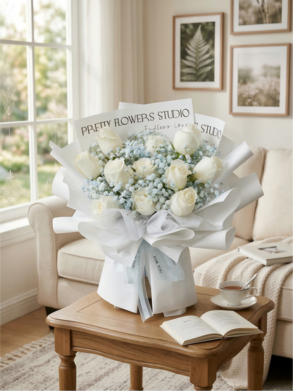 Elegant White Rose & Blue Baby's Breath Bouquet for Anniversary & Wedding