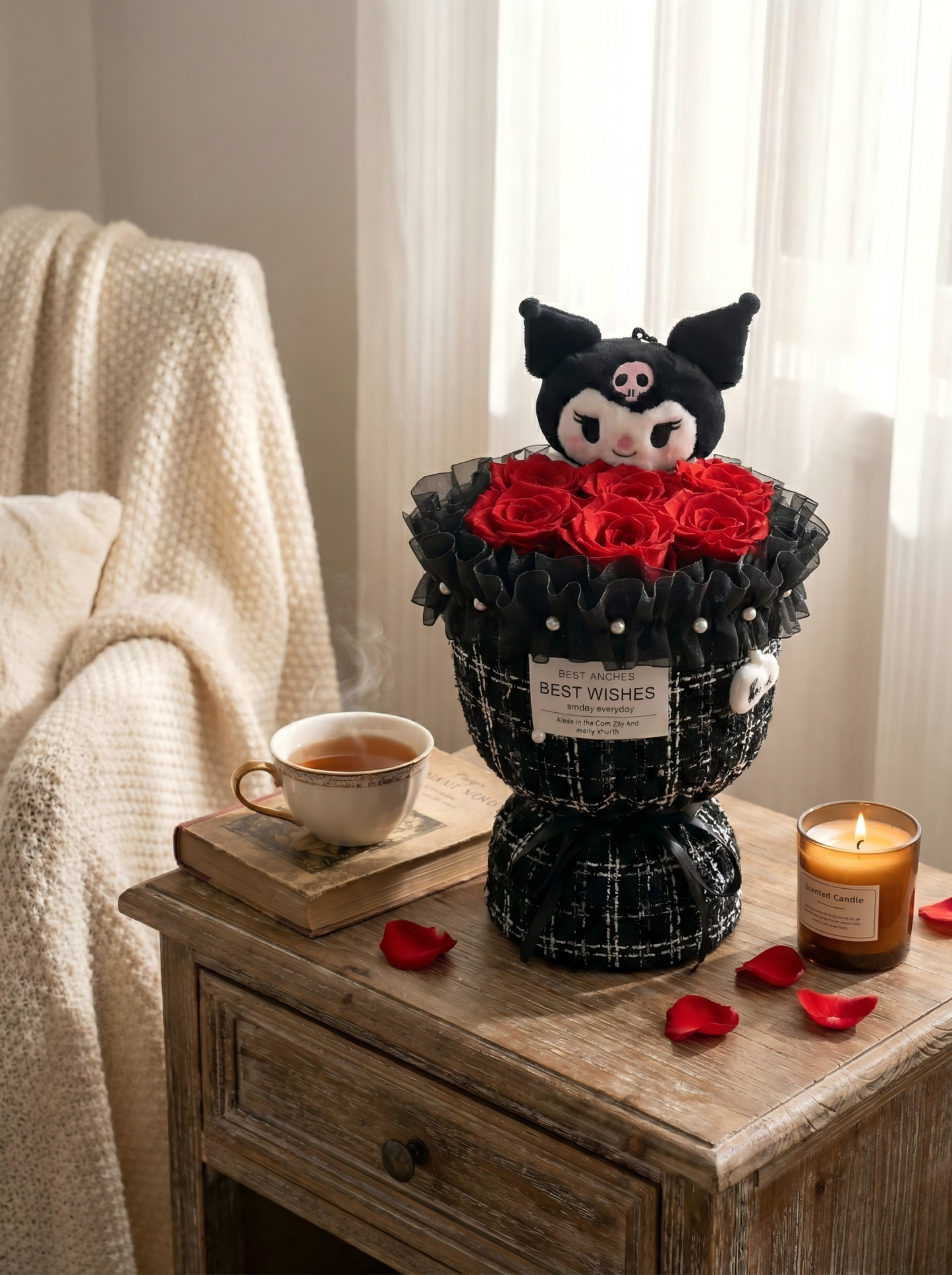 Sanrio Kuromi Plush Doll & Preserved Red Rose Bouquet - Unique 2-in-1 Gift Box