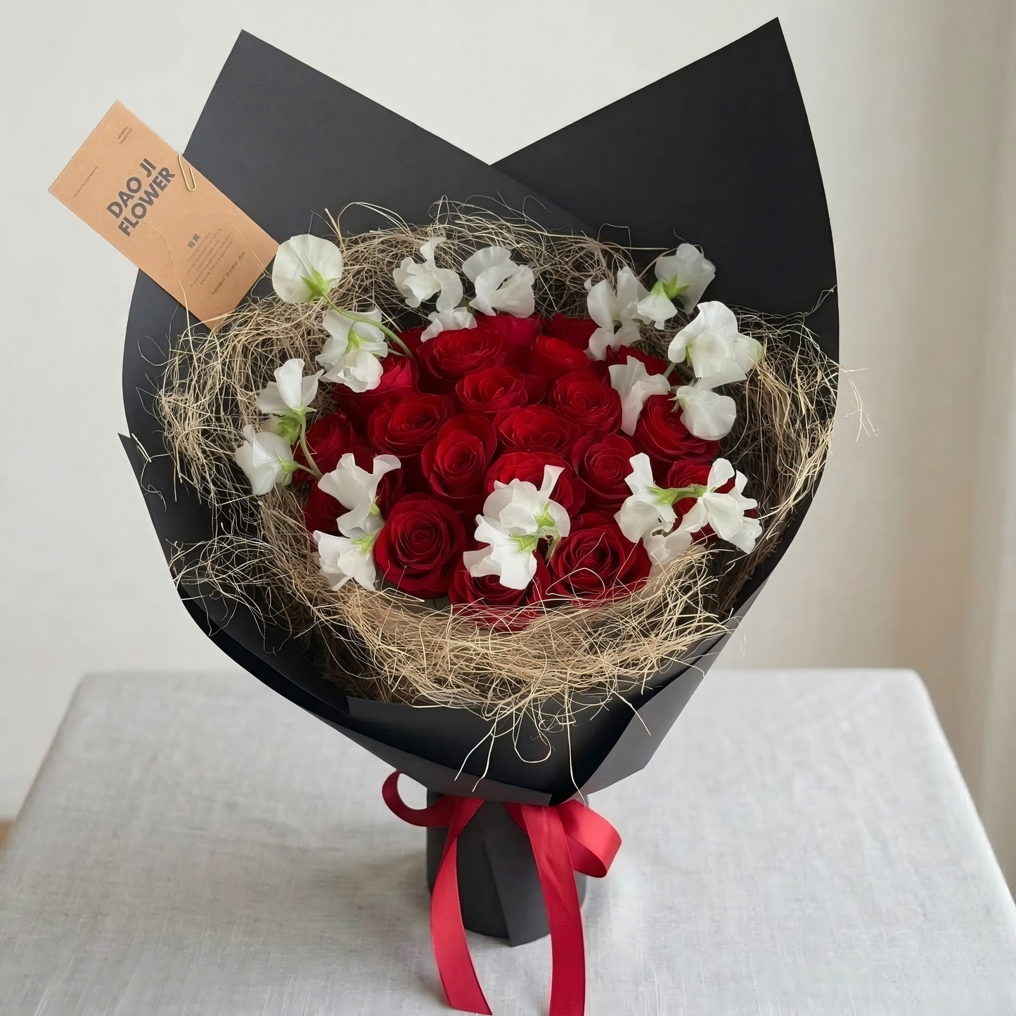 Classic Red Rose & White Sweet Pea Bouquet - Luxury Hand-Tied Flowers for Anniversary & Romance