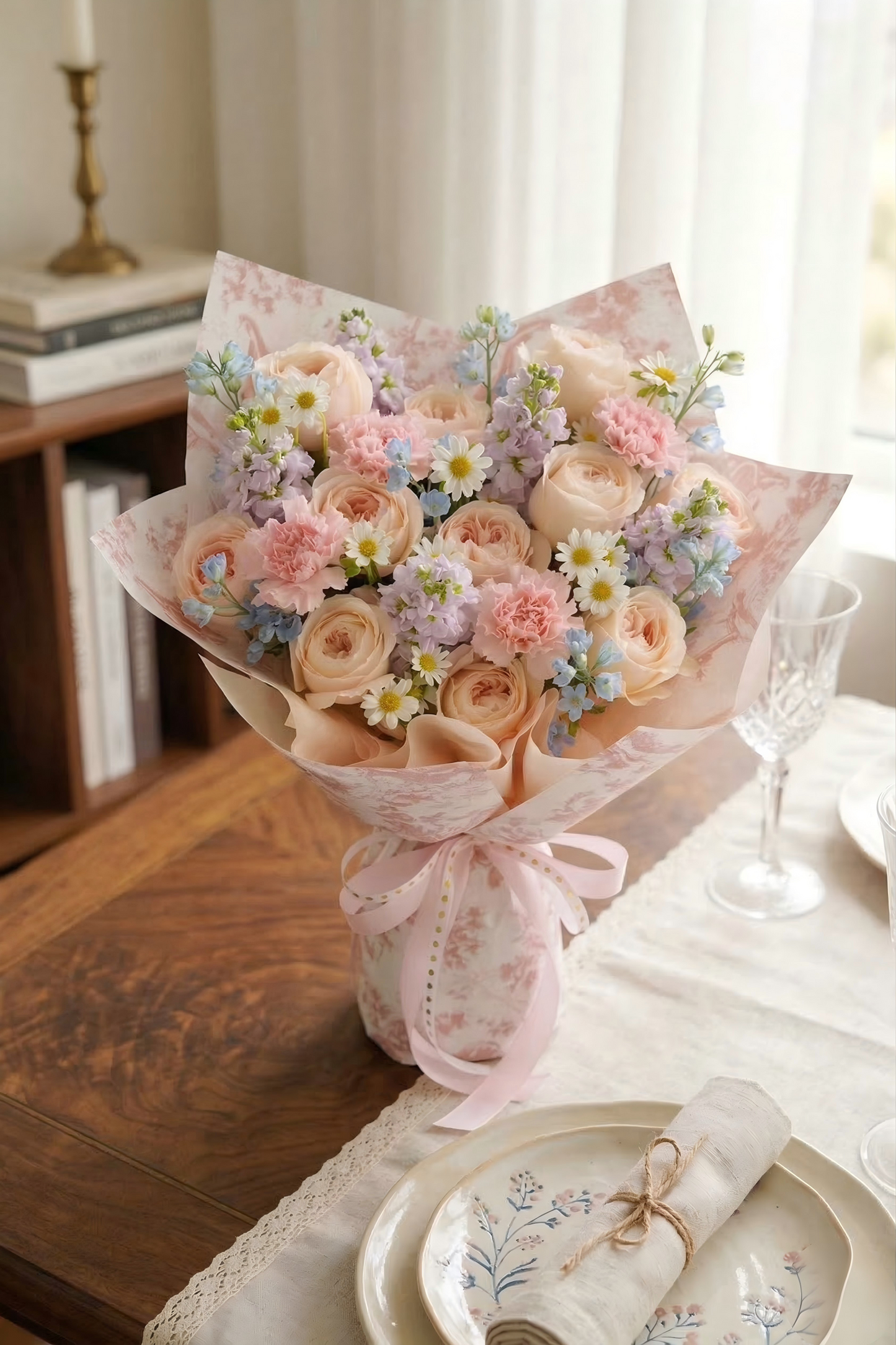 Champagne Rose & Pink Carnation Bouquet - Romantic French Country Style - Local Delivery