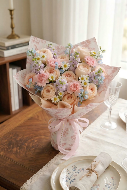 Champagne Rose & Pink Carnation Bouquet - Romantic French Country Style - Local Delivery