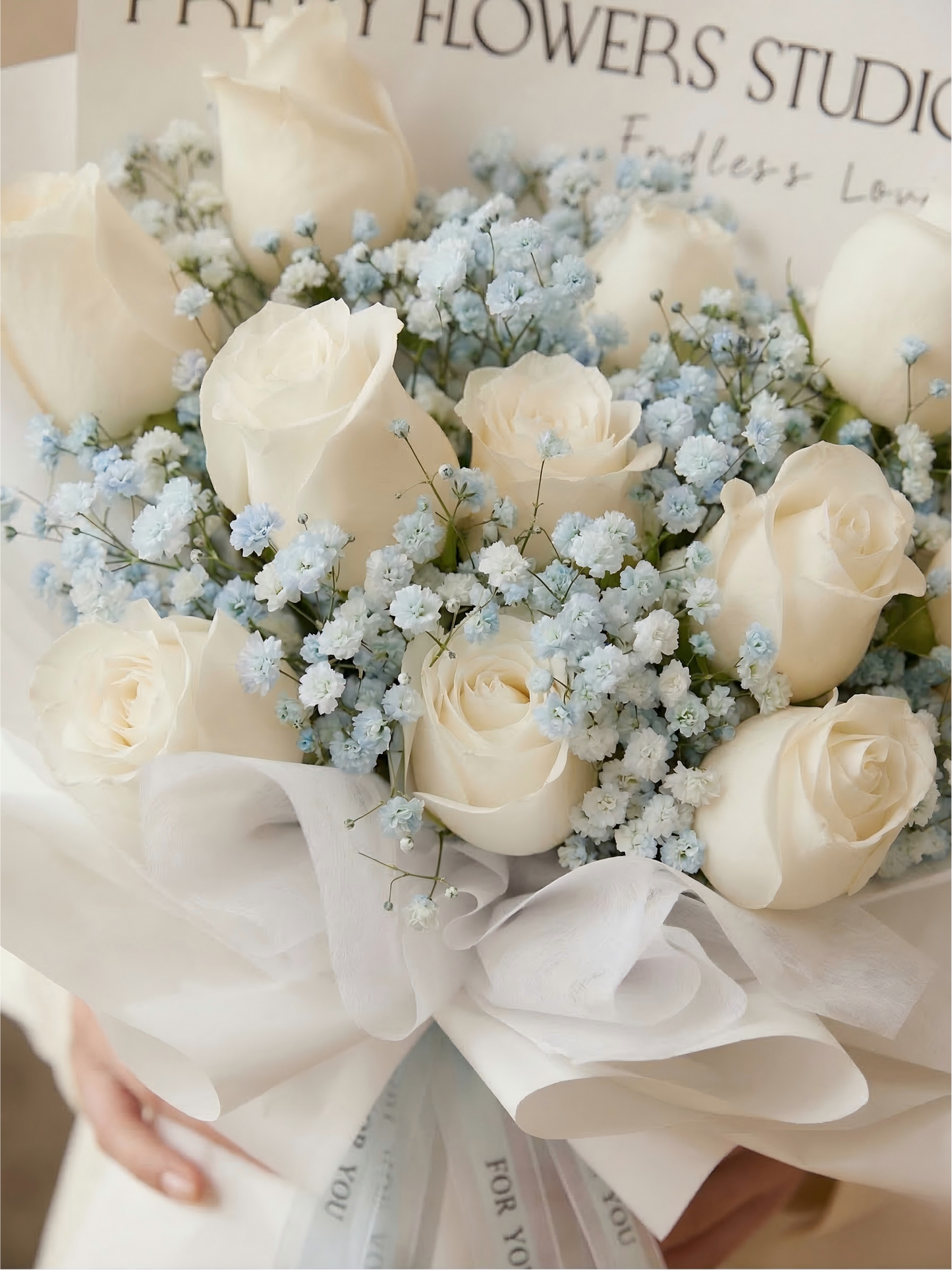 Elegant White Rose & Blue Baby's Breath Bouquet for Anniversary & Wedding