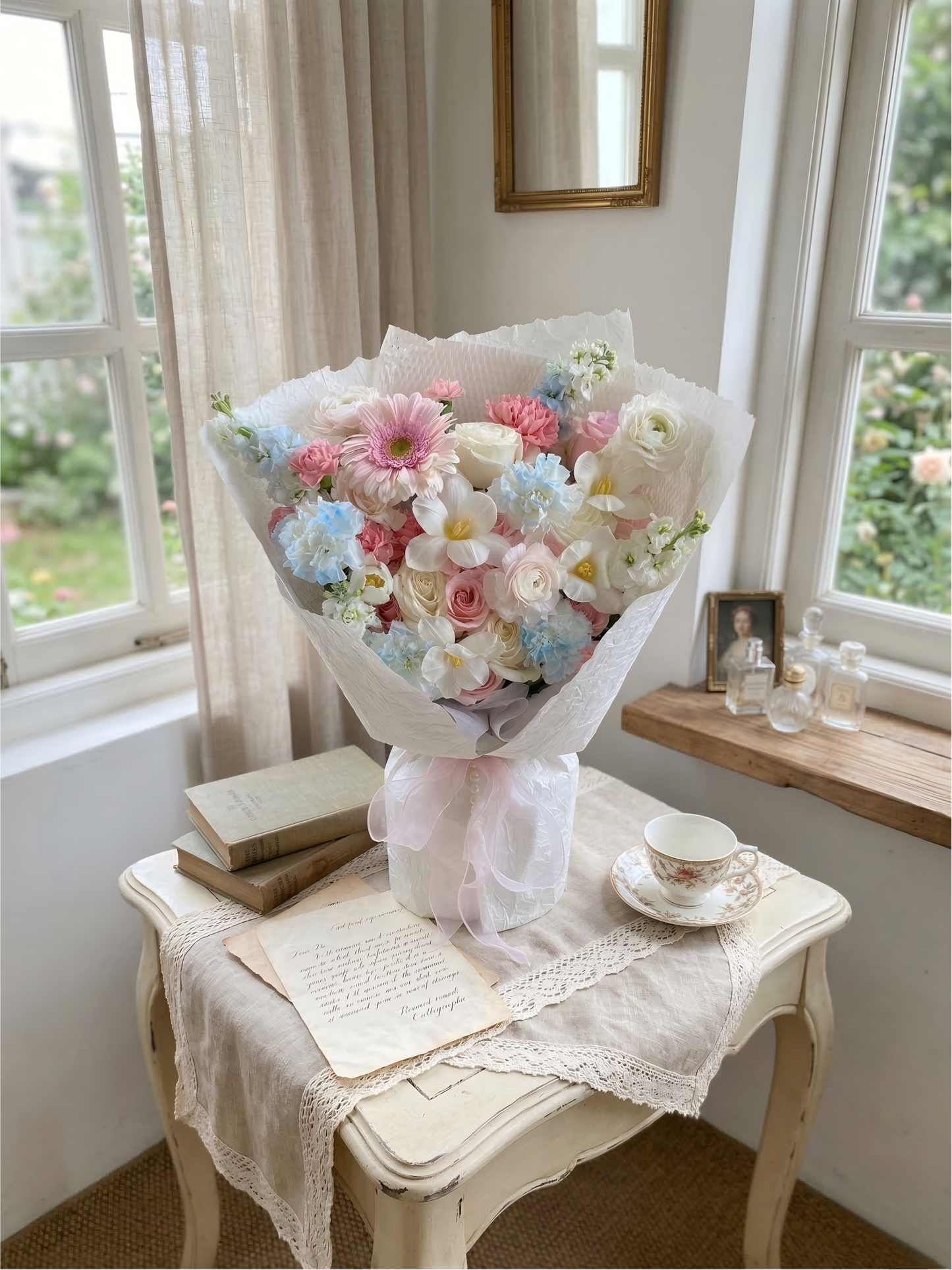 Pastel Dreams Bouquet - Fresh Pink Roses & Blue Carnations | Hand-Tied Flower Delivery