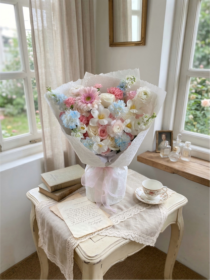 Pastel Dreams Bouquet - Fresh Pink Roses & Blue Carnations | Hand-Tied Flower Delivery
