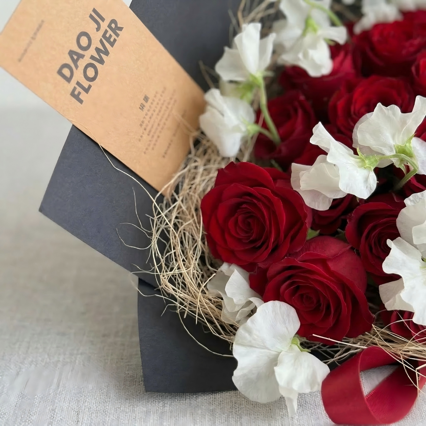 Classic Red Rose & White Sweet Pea Bouquet - Luxury Hand-Tied Flowers for Anniversary & Romance