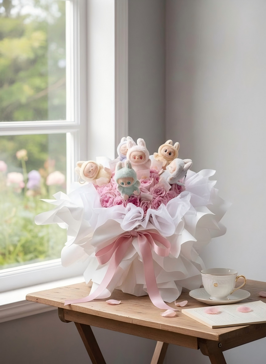 Labubu Plush Pink Rose Bouquet - Fresh Flower Gift for Her