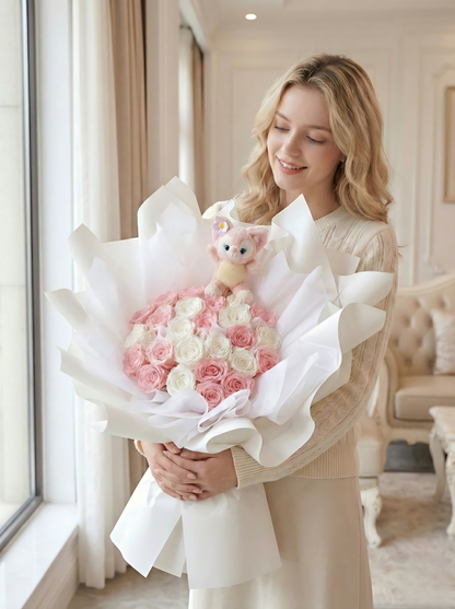 Eternal Pink & White Preserved Rose Bouquet with Free Random Gift Plush Toy