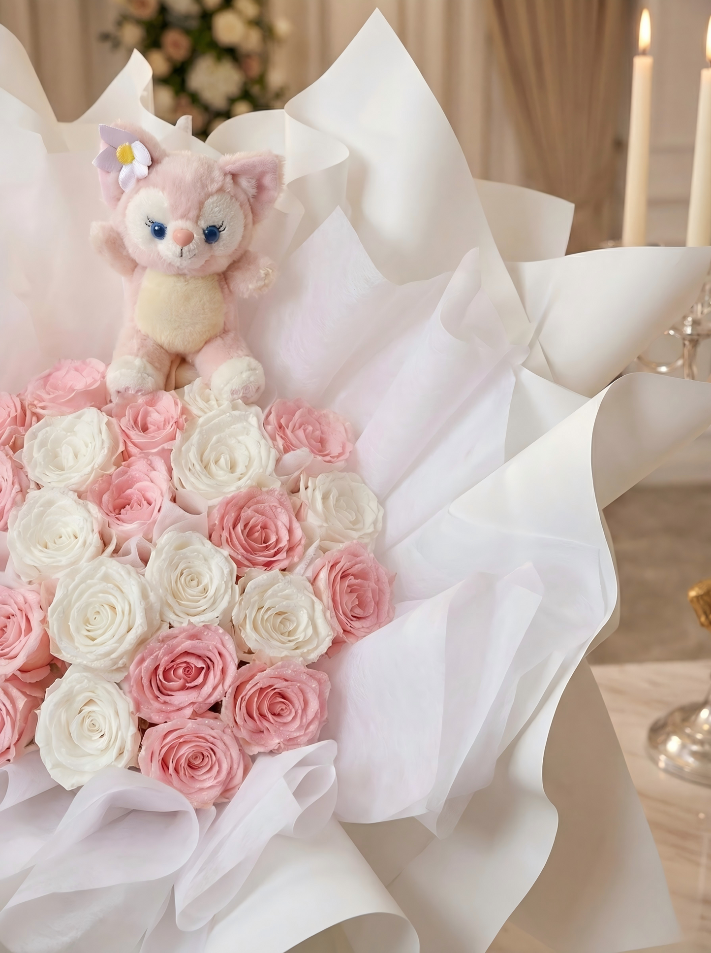 Eternal Pink & White Preserved Rose Bouquet with Free Random Gift Plush Toy