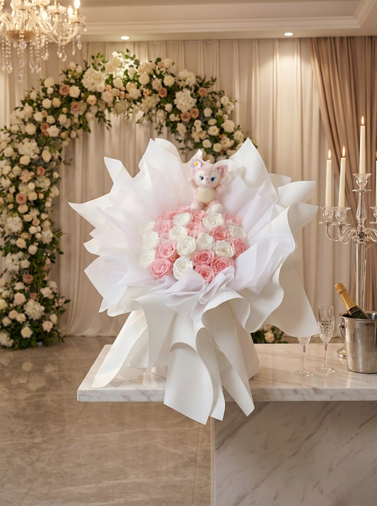 Eternal Pink & White Preserved Rose Bouquet with Free Random Gift Plush Toy