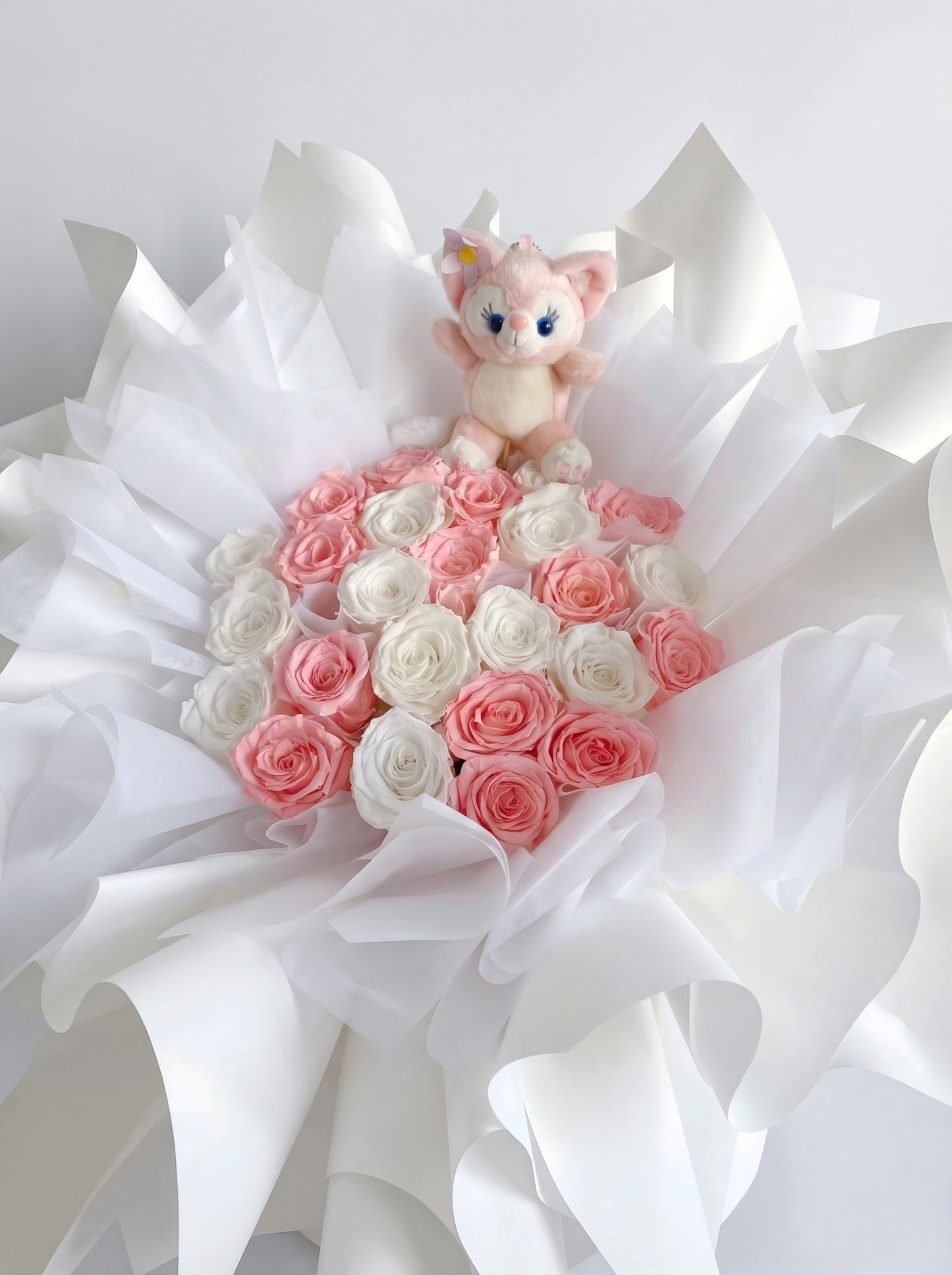 Eternal Pink & White Preserved Rose Bouquet with Free Random Gift Plush Toy