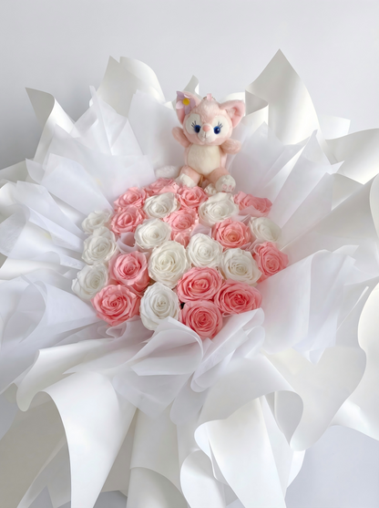 Eternal Pink & White Preserved Rose Bouquet with Free Random Gift Plush Toy