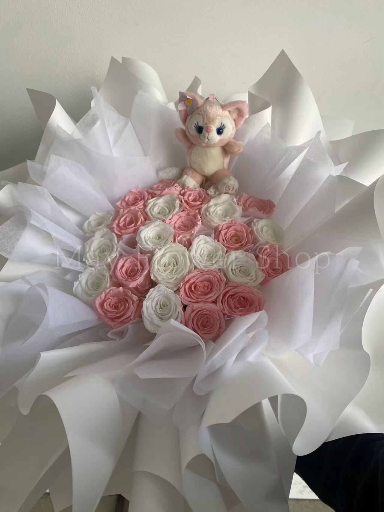Eternal Pink & White Preserved Rose Bouquet with Free Random Gift Plush Toy